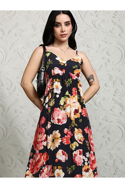 Vishudh By Styli Women Floral Printed Strappy A-Line Maxi Dress with Smocked Back