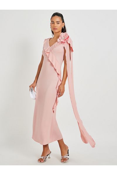 Styli Solid V Neck Ruffle Trim Sheath Midi Dress with Corsage Detail