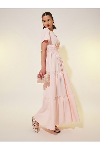 Styli Solid Smocked Waist Puff Sleeves Tiered Maxi Dress