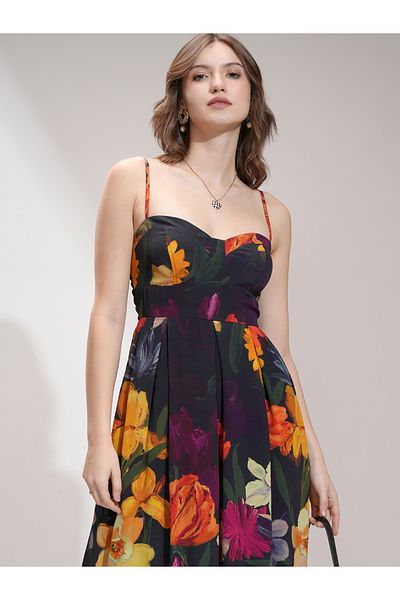 Vishudh By Styli Floral Print Pleated Strappy A-Line Midi Dress