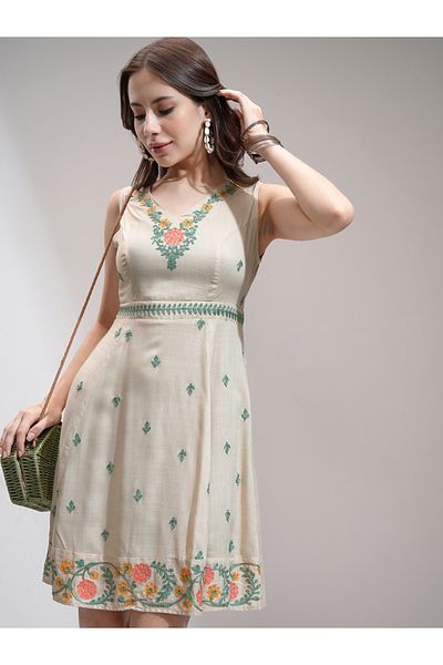 Vishudh By Styli Women Embroidered V Neck A-Line Mini Dress