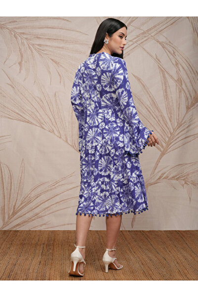 Vishudh By Styli Women Tie and Dye Printed A-Line Midi Dress with Pompom Detail