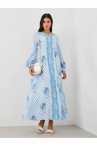 Keenly By Styli Checked Print V-Neck Long Sleeve Maxi Jalabiya