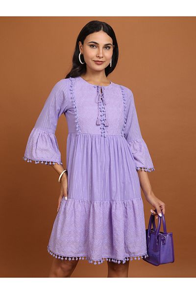 Vishudh By Styli Women Embroidered Tie-Up Neck A-Line Mini Dress with Pompom Detail