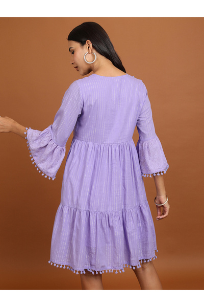 Vishudh By Styli Women Embroidered Tie-Up Neck A-Line Mini Dress with Pompom Detail