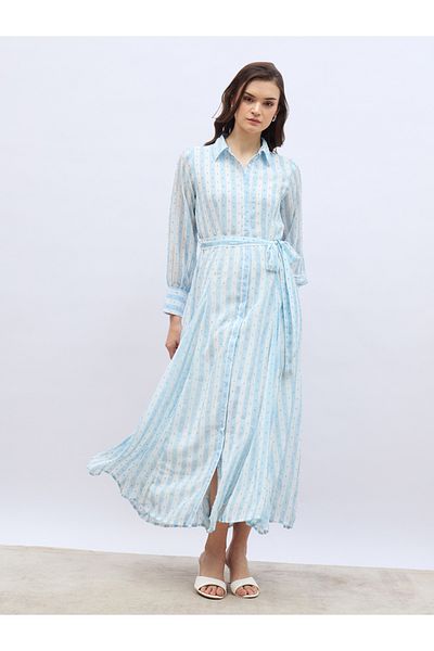 Styli Women Blue Striped Dobby Shirt Maxi Dress with Tie Belt