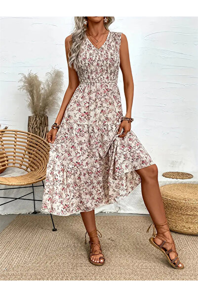 Take Two By Styli Floral Print V-Neck Sleeveless Midi Dress
