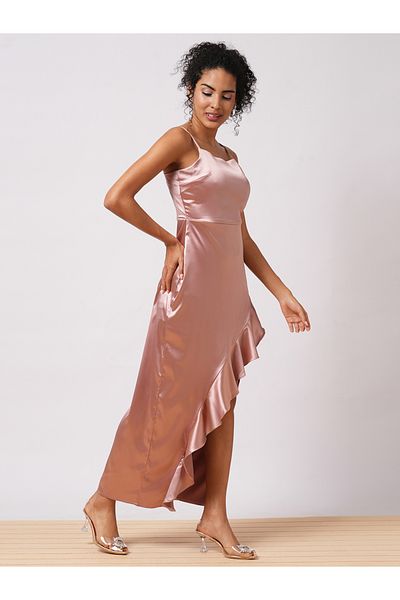 Globus By Styli Women Pink Solid Satin Asymmetric Hem Sheath Maxi Dress with Ruffle Detail