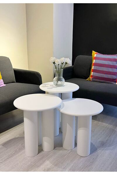 kuppdesign Linen Mantar Yan Sehpa 3'lü Set Beyaz