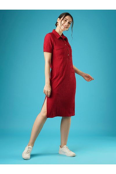 Globus By Styli Women Maroon Self Design Collared Sheath Midi Dress with Pocket Detail