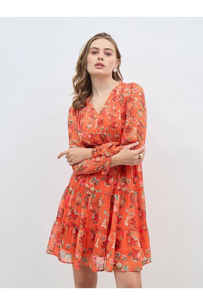 Styli All-Over Floral Print V Neck A-Line Knee Length Dress