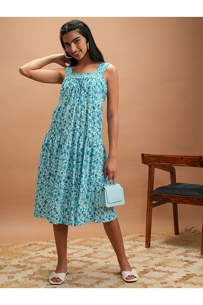 Vishudh By Styli Floral Printed Smocked A-Line Midi Dress