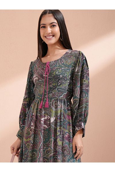 Vishudh By Styli Women Paisley Print Tie-Up Neck A-Line Knee-Length Dress