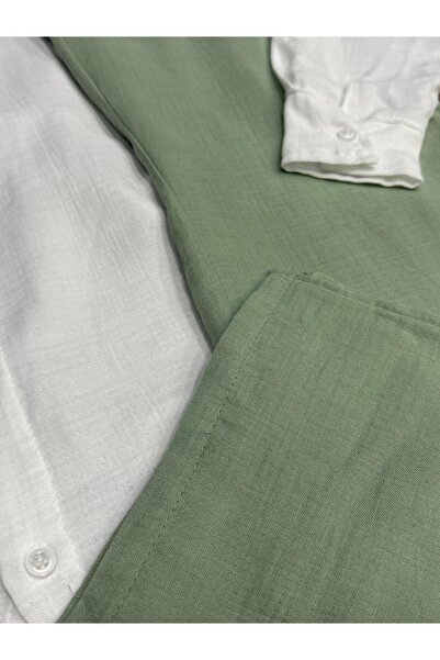 NO 601 Men's White Muslin Linen Blended Shirt & Muslin Green Pant Suit