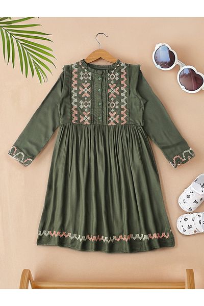 Bella Moda By Styli Embroidered 3/4 Sleeves Cotton Dress with Button Front