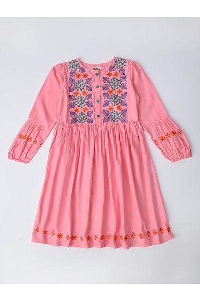 Bella Moda By Styli Embroidered 3/4 Sleeves Cotton Dress with Button Front
