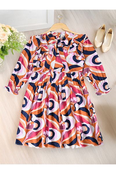 Bella Moda By Styli All-Over Print Tie-Up Neck Pleated Dress with 3/4 Sleeves