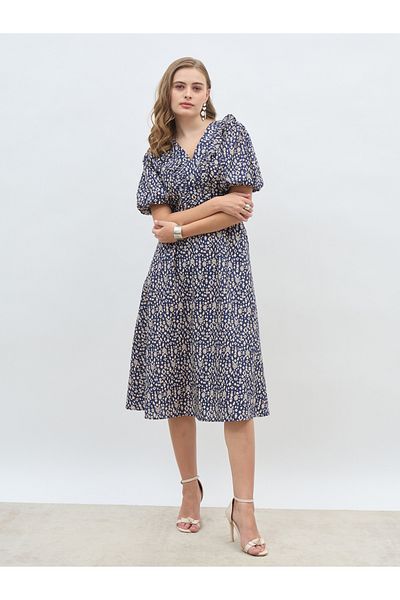 Styli All-Over Print V Neck A-Line Midi Dress with Ruffle Trim