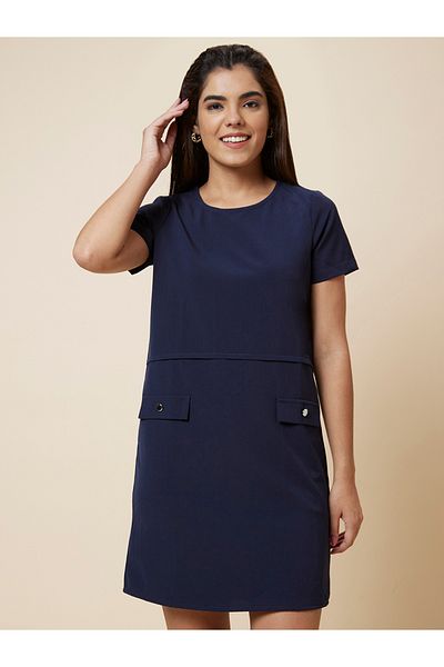 Globus By Styli Women Navy Blue Solid Round Neck Sheath Mini Dress