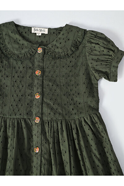 Bella Moda By Styli Solid Schiffli Puff Sleeves Dress with Button Front