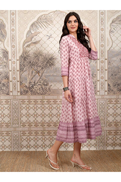 Vishudh By Styli Women Pink Ethnic Motifs Printed A-Line Midi Dress