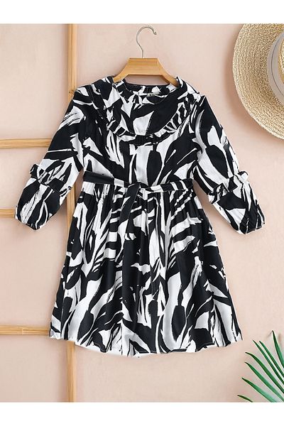 Bella Moda By Styli Abstract Print Mandarin Collar Cotton Dress with Ruffle Trim