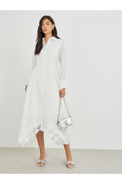 Styli Solid Lace Insert Long Sleeves Shirt Midi Dress