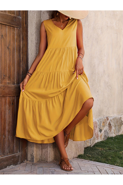 Take Two By Styli Solid V-Neck Ruffle Hem Midi Dress