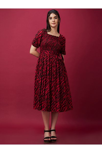 Globus By Styli Women Zebra Print Smocked A-Line Midi Dress with Belted Waist