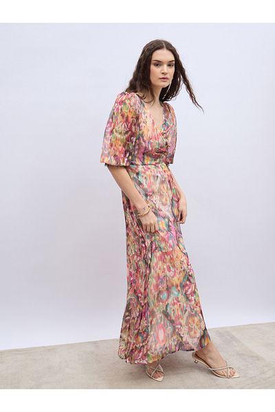 Styli Printed V-Neck Wrap A-Line Maxi Dress