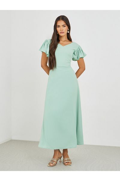 Maxim Creation By Styli Solid Flutter Sleeves A-Line Maxi Dress