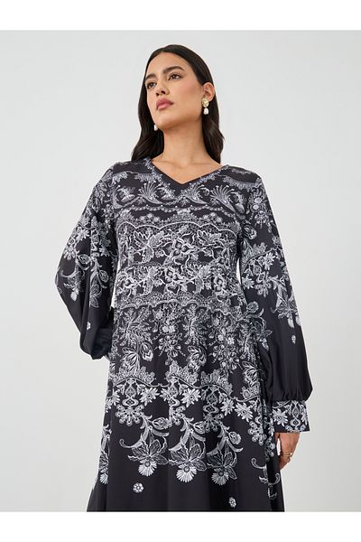 Keenly By Styli Floral Print Balloon Sleeve Round Neck Maxi Dress
