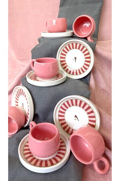 Erbaşlar Love Bird Pink Series Chubby 12 Piece Luxury Ceramic Chubby Coffee Cup Set Turkish Coffee Cup
