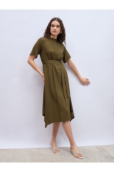 Styli Women Olive Solid Collared Shirt Dress with Asymmetric Hem