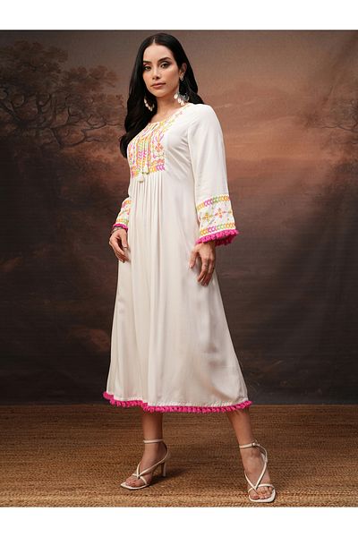 Vishudh By Styli Women Embroidered Tie-Up Neck A-Line Midi Dress
