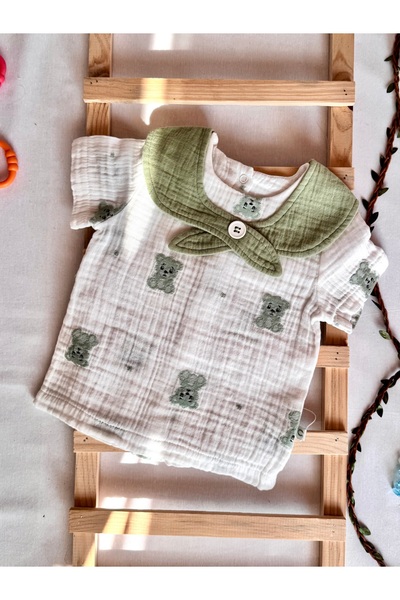 KapsülBebek 100% Organic Cotton Muslin Unisex Baby Summer Set of 2 – Green Teddy Bear Patterned Scarf Collar