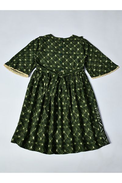 Bella Moda By Styli All-Over Print Lace Trim Cotton Dress with 3/4 Sleeves
