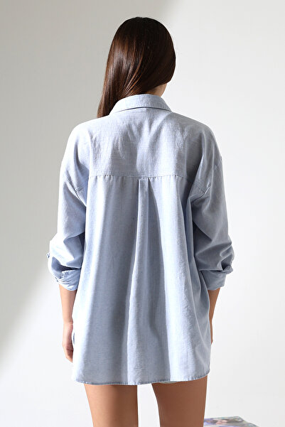 Corradeo Giyim New Season Oversize Pattern Cotton Linen Fabric Applique Pocket Epaulet Women's Shirt