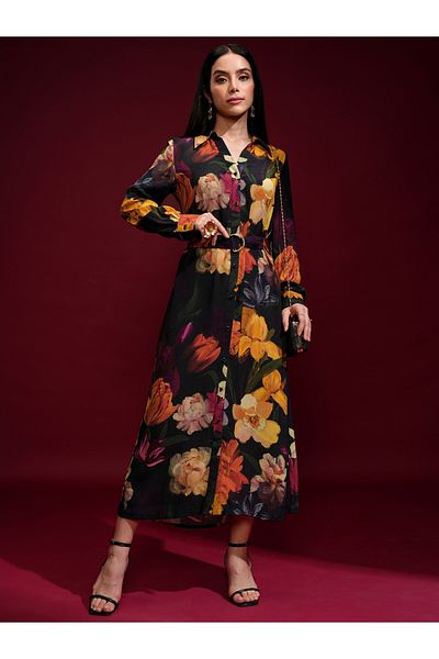 Vishudh By Styli Floral Printed Belted Shirt Midi Dress