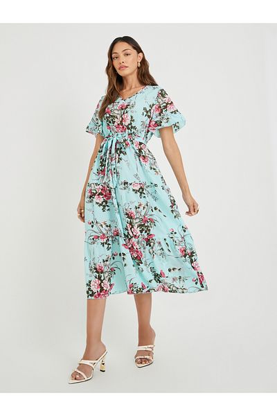 Take Two By Styli Women Blue Floral Print Ruffle Trim A-Line Midi Dress with Tie Waist