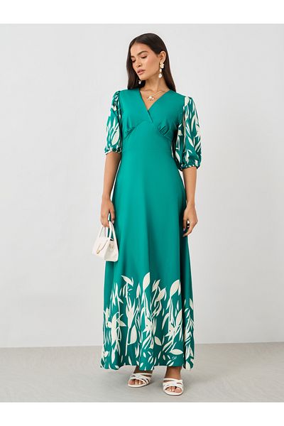 Styli Printed Balloon Sleeves A-Line Maxi Dress