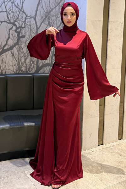 Tesettür Diyarı Γυναικείο βραδινό φόρεμα Arabella Cape Satin Fish-Βουργουνδία