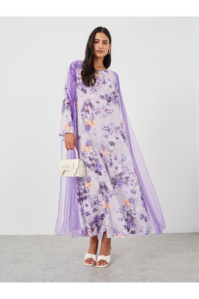 Keenly By Styli Floral Print Mesh Insert A-Line Maxi Dress