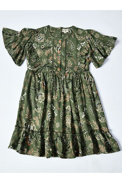 Bella Moda By Styli Floral Print Short SleeveÂ Cotton Dress with Ruffle Trim