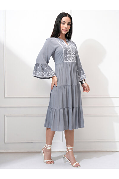 Vishudh By Styli Women Embroidered Long Sleeves A-Line Midi Dress