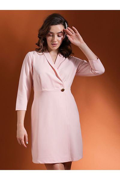 Globus By Styli Women Pink Solid Overlap Shawl Lapel Solid Blazer Mini Dress