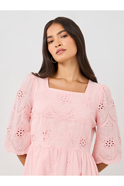 Keenly By Styli Solid Embroidered Short Sleeve Midi Dress