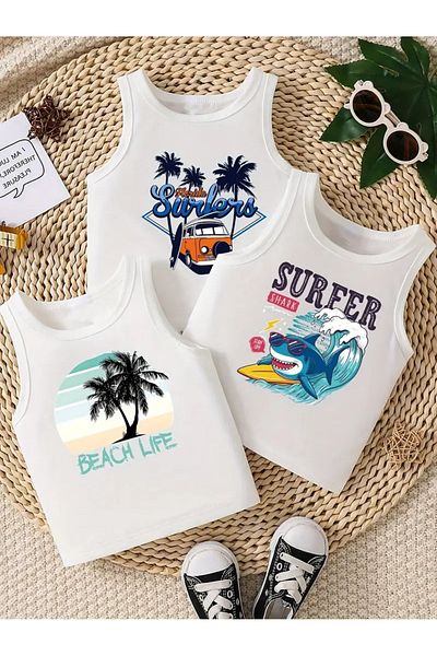 buendiakids Girls/Boys 3`Pack Surfer Beach Life Printed Zero Sleeve T-Shirt