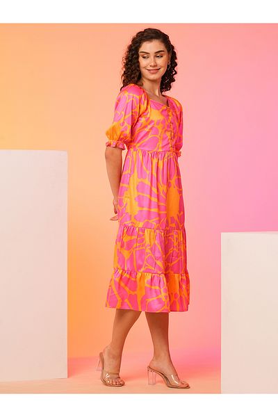 Globus By Styli Women Floral Printed Puff Sleeves A-Line Midi Dress