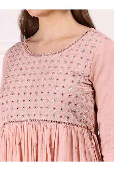 Ishin By Styli Women Peach Mirror Embroidered 3/4 Sleeve A-Line Midi Dress